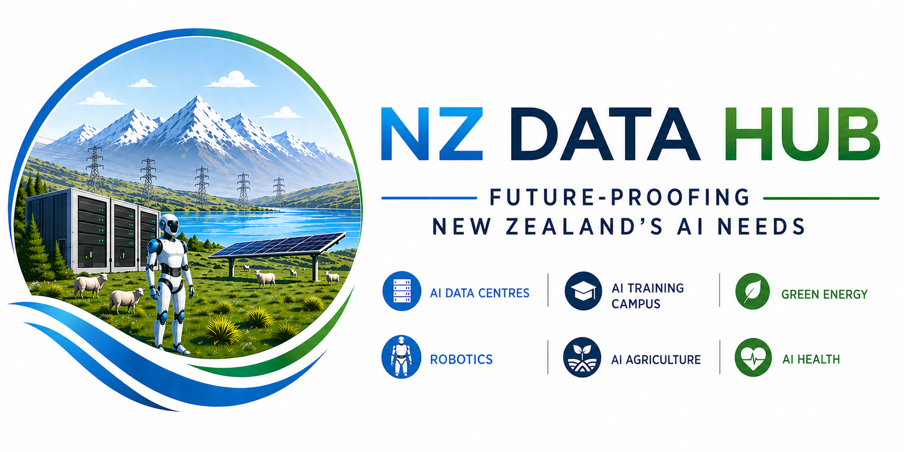Illustration of alpine landscape, lake, data centre, solar farm and AI robotics